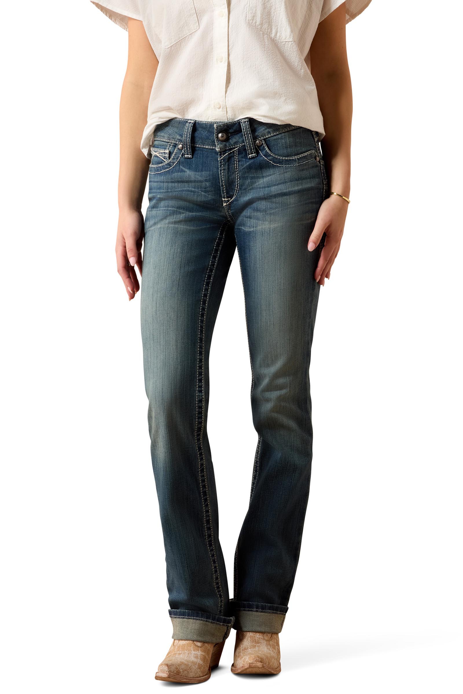 Rainstorm Ariat R.E.A.L. Mid Rise Stretch Icon Stackable Damen Jeans mit geradem Bein