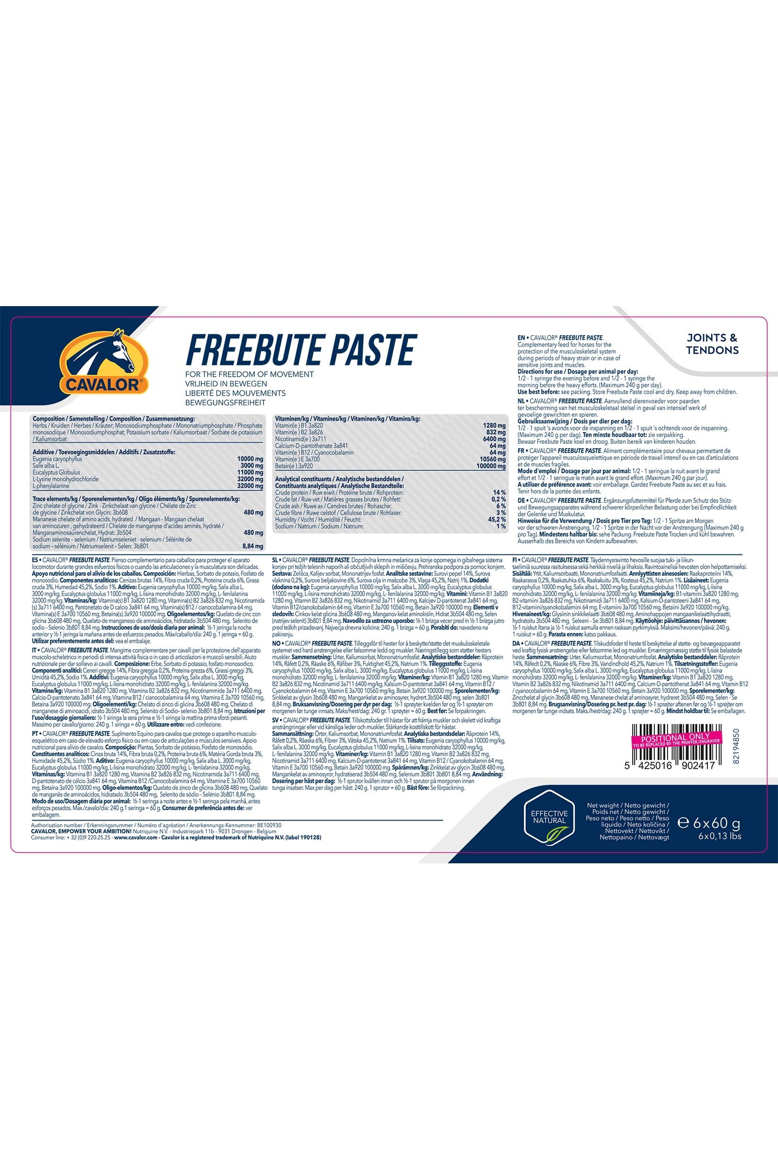 Cavalor Freebute Paste, Sehnen & Gelenke, 6x60g